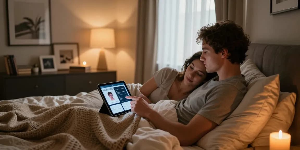 Couple using AI technology in intimate bedroom for ai sex exploration.