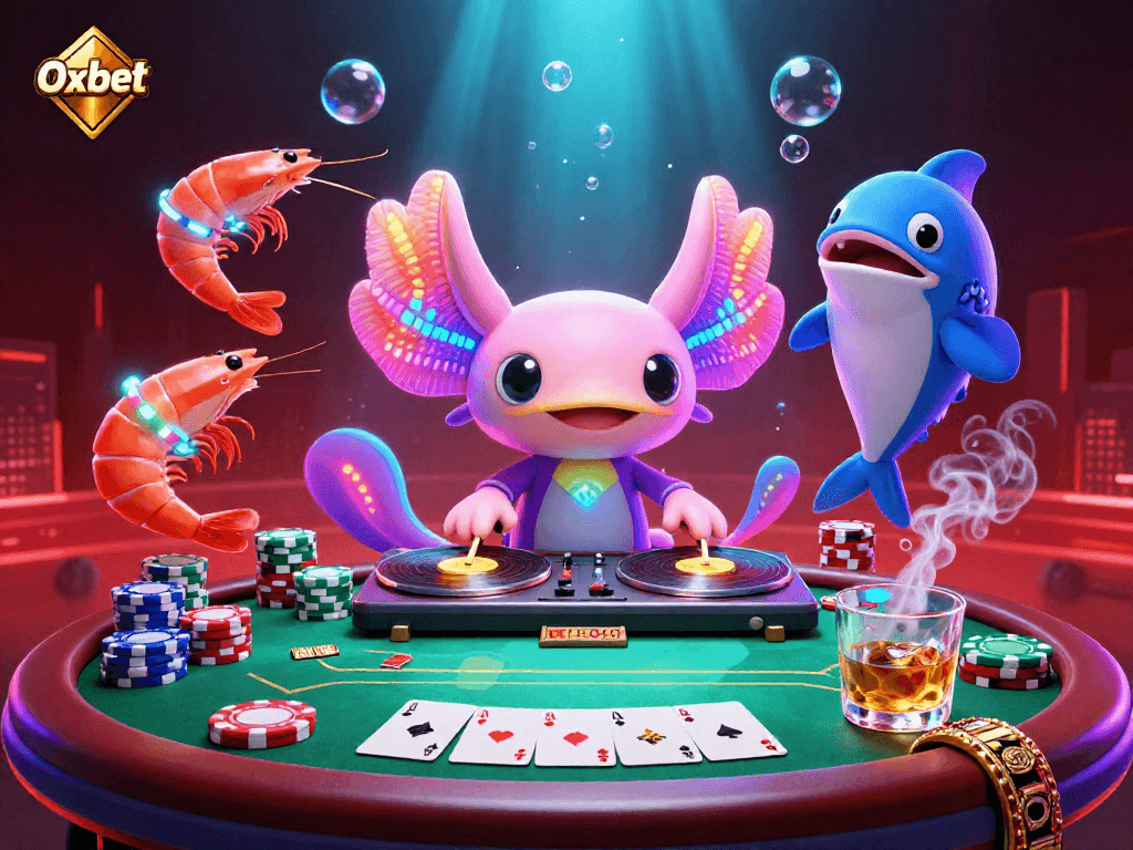 Experience the vibrant world of Oxbet with an energetic axolotl DJ and sparkling gambling elements.