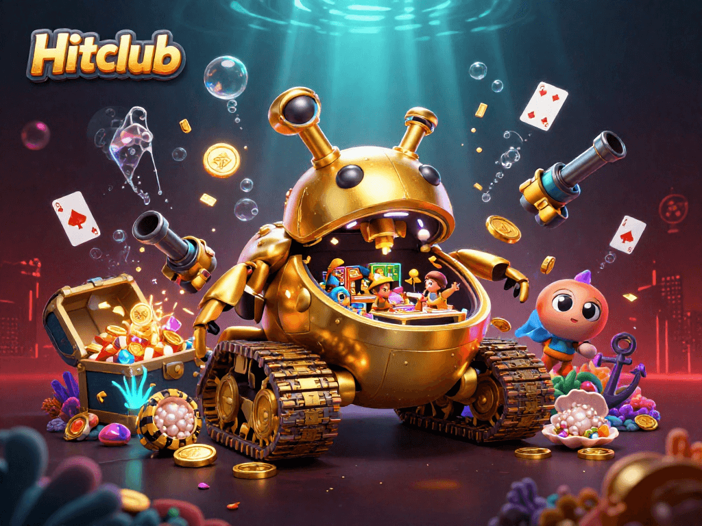 Engage in the thrilling Hitclub experience with a colorful underwater casino adventure bursting with coins and fun elements.