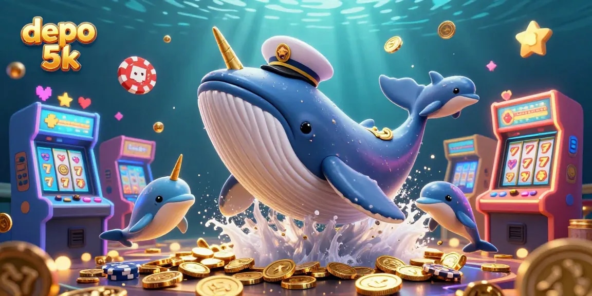 Catch big wins with depo 5k at dynamic 3D digital illustrations featuring a whale and gaming elements.