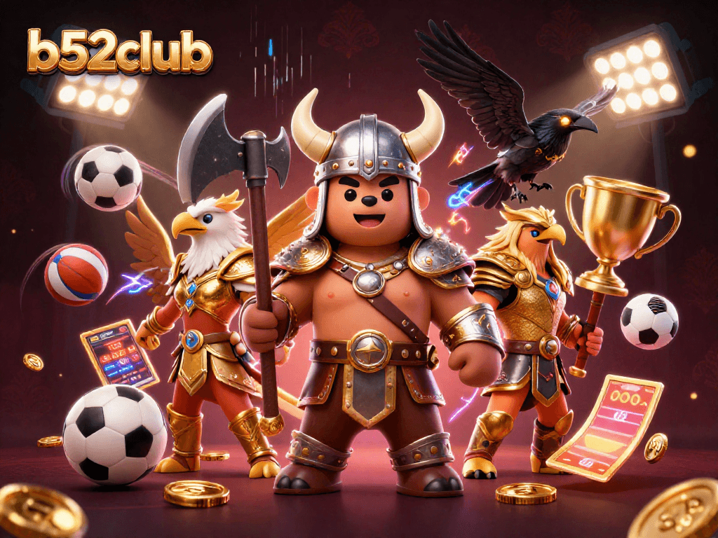 Engage with b52club's thrilling casino action featuring a Viking bear, Valkyrie eagle, and dynamic sports elements.
