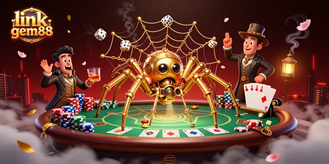 link gem88 captures a vibrant casino scene with a steampunk spider and poker elements.