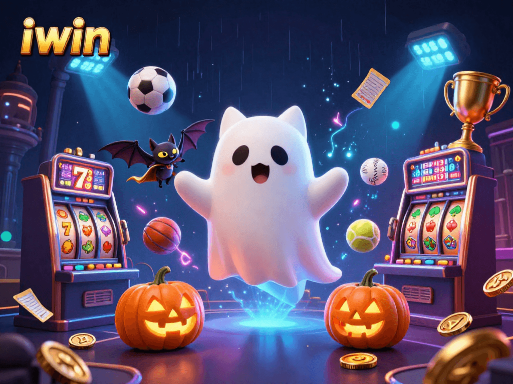 Catch epic wins at iwin with a playful ghost cat and vampire bat in a haunted casino