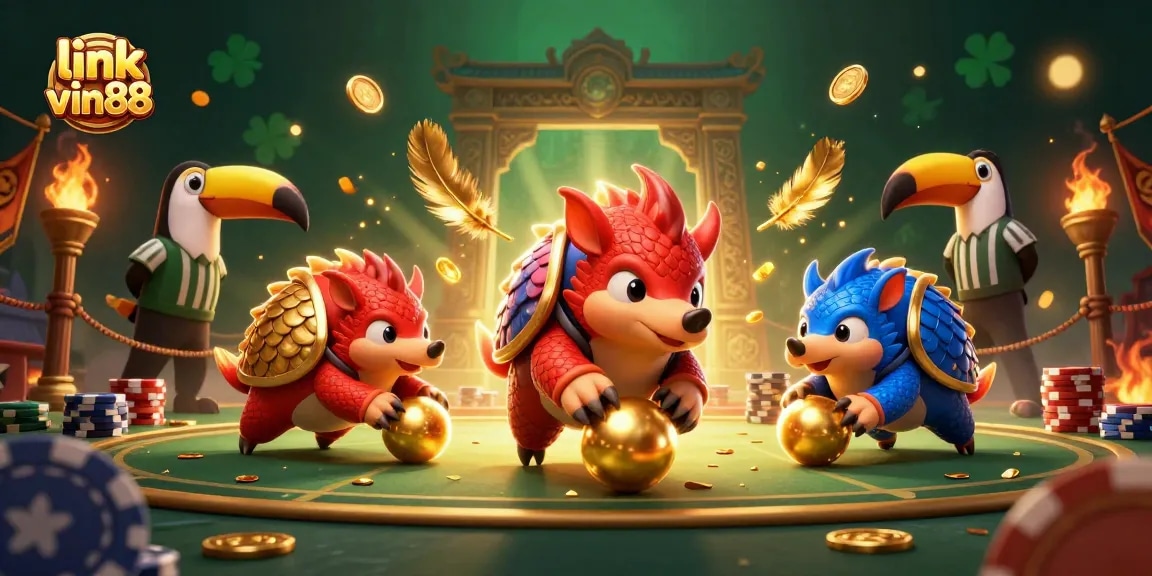 Engage in thrilling gaming with link vin88 as rival pangolins compete amidst vibrant casino elements.