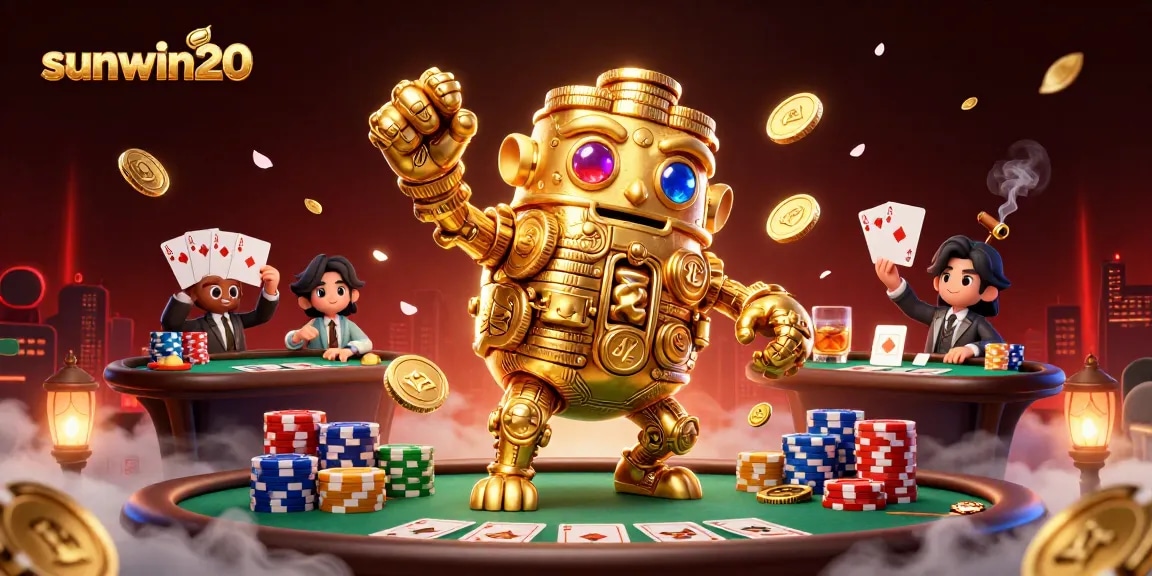 Experience the thrill of sunwin20 at a vibrant gambling scene featuring a golden golem and poker elements.