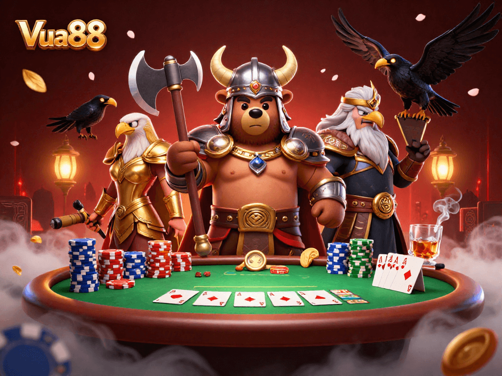 Engage in poker at Vua88 with Viking berserkers and Valkyries in a dynamic casino setting.