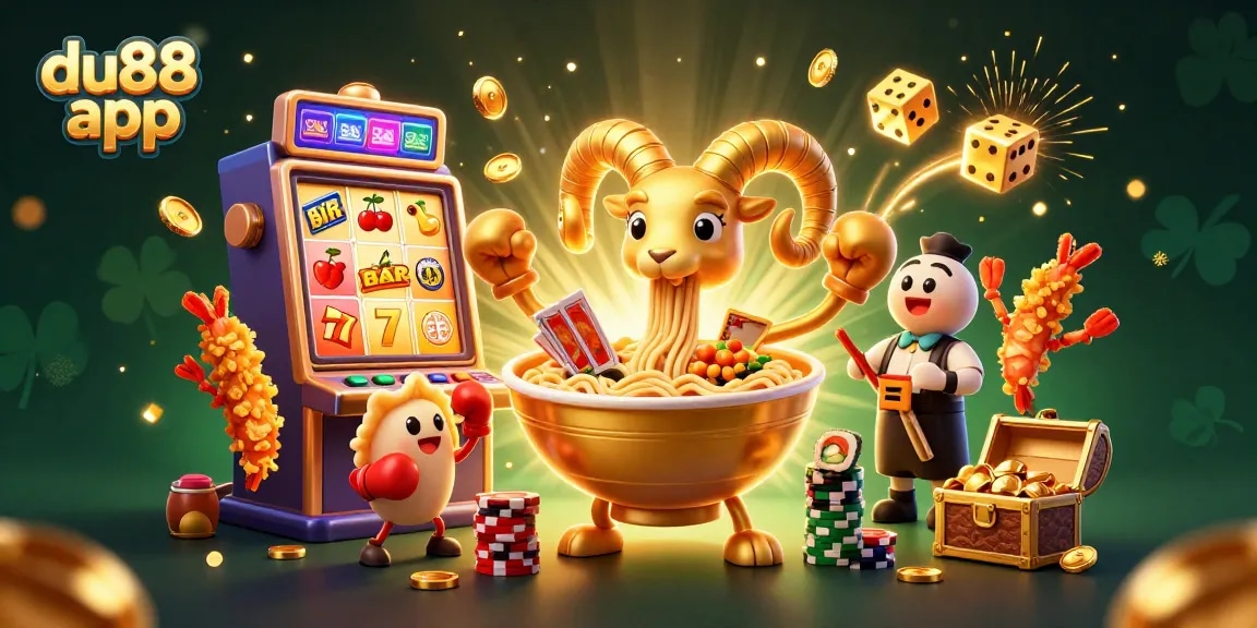 Engage with the vibrant du88 app showcasing an animated 3D casino scene with slot machines and cheerful characters.