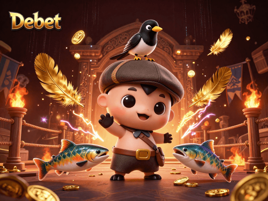 Engage with Debet's dynamic gaming scene featuring playful characters and vibrant casino elements.