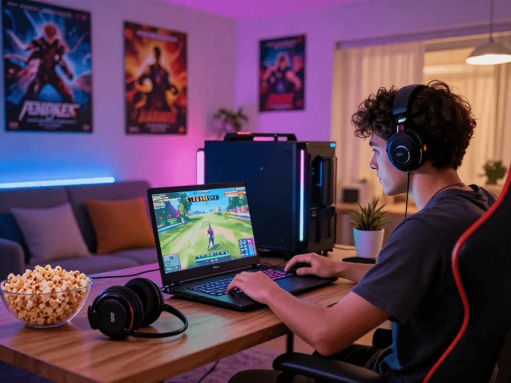 Person enjoying porngames in a vibrant gaming lounge filled with exciting decor and colorful lighting.