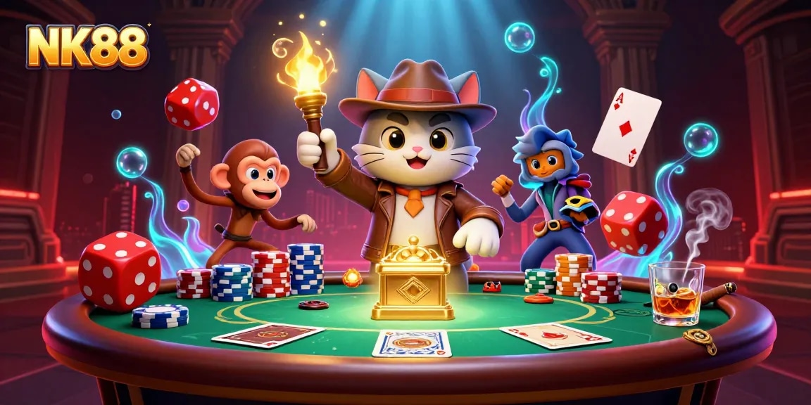 Experience thrilling gaming action at NK88 with a vibrant 3D illustration of an explorer uncovering a casino treasure.