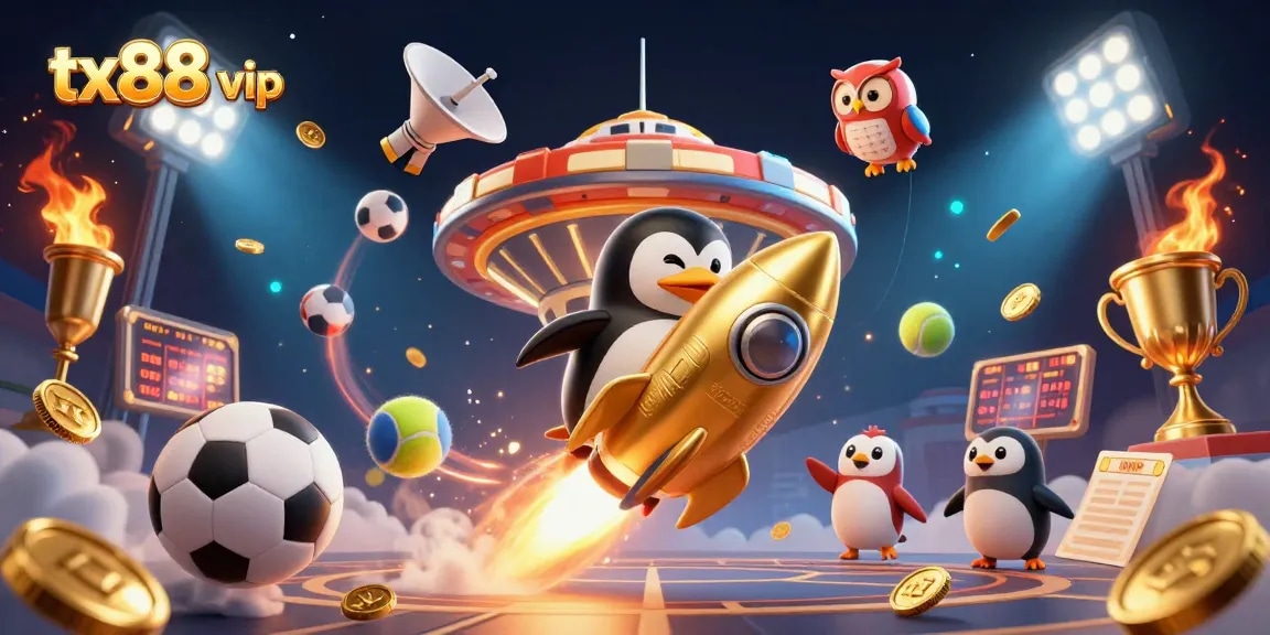 Experience the thrill of tx88 vip with our golden penguin in a vibrant casino universe.