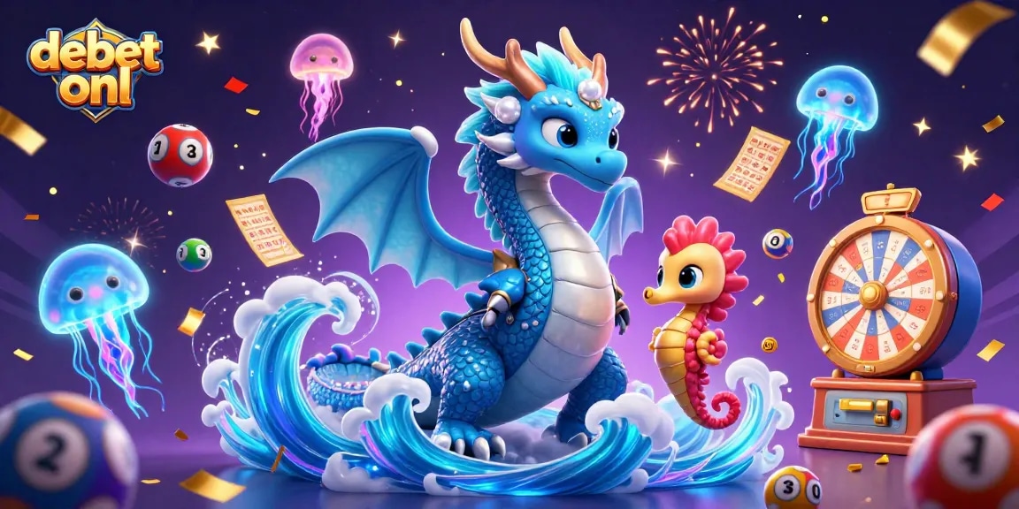 Experience excitement with debet onl's colorful lottery scene featuring dragons and vibrant elements.