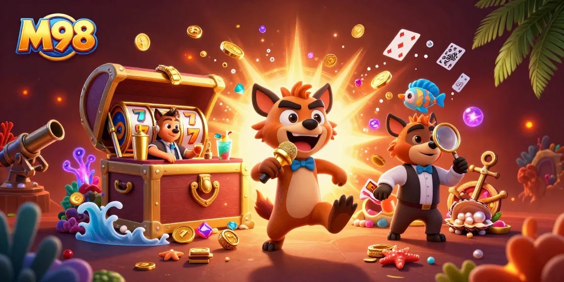 M98 offers a vibrant casino scene with hyenas engaging in gambling activities, showcasing the excitement of casino gaming.