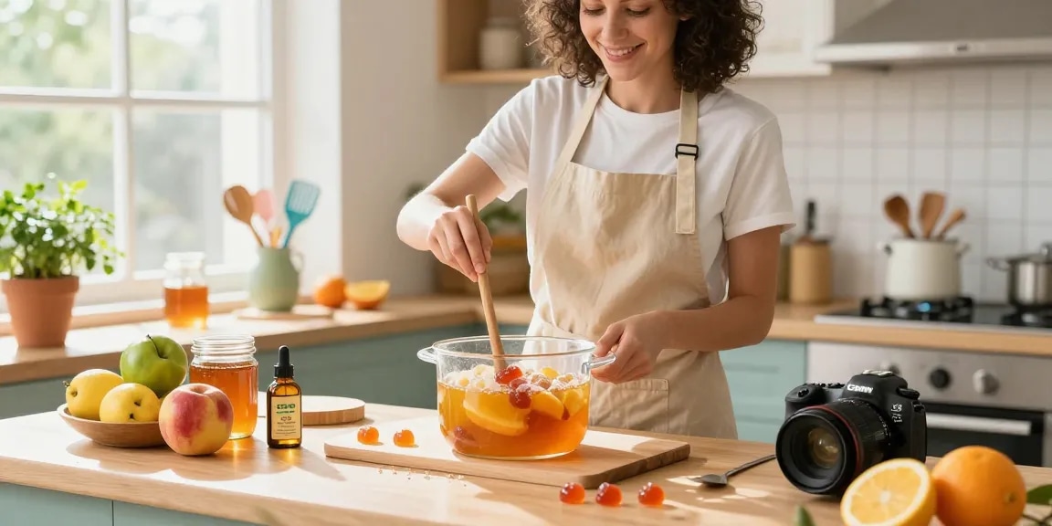 CBD North gummy-making process in a bright kitchen with fresh fruits and organic ingredients.