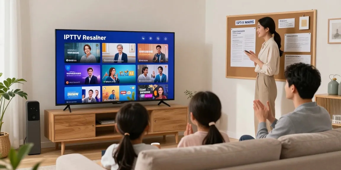 Local IPTV reseller discussing service options in a family home's cozy living room, showcasing local expertise.