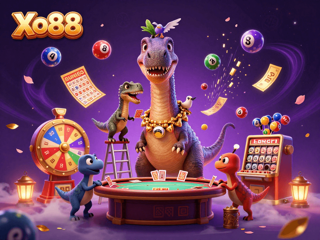 Experience Xo88 thrilling gameplay with a 3D casino scene featuring vibrant elements and unique characters.