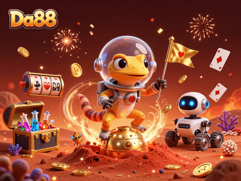 Join the excitement at Da88 with a casino discovery scene featuring a playful Martian gecko and dynamic gaming elements.