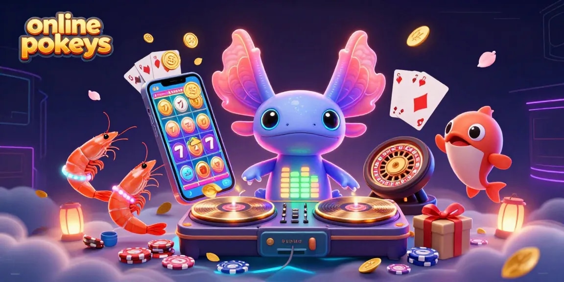 Spin the reels of online pokies with neon characters celebrating, surrounded by coins and cards.