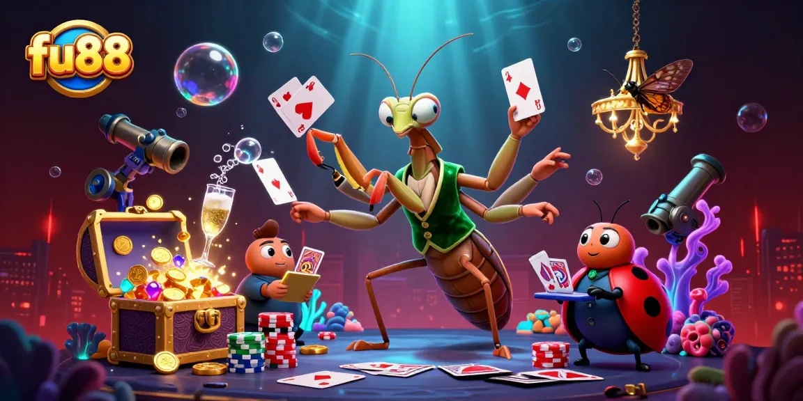 Experience thrilling gaming at fu88 with colorful casino elements and characters in this vibrant scene.