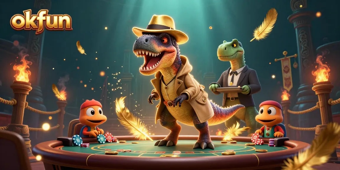 Experience the excitement of okfun at a blackjack table featuring a clever velociraptor and a vigilant stegosaurus.