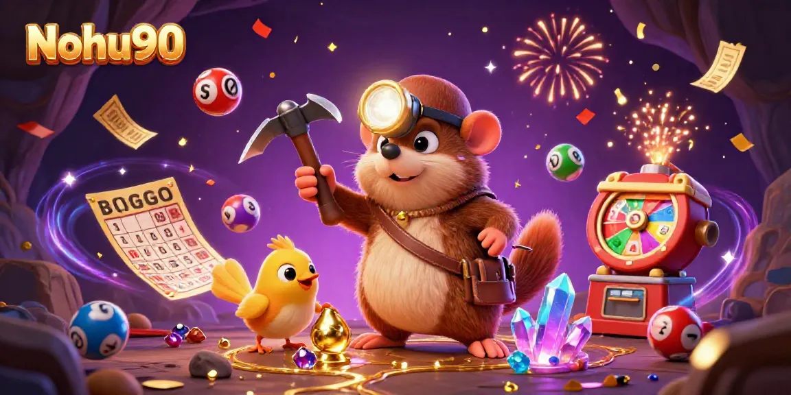 Nohu90 brings thrilling lottery excitement with colorful balls and gleaming gold in a vibrant casino scene.