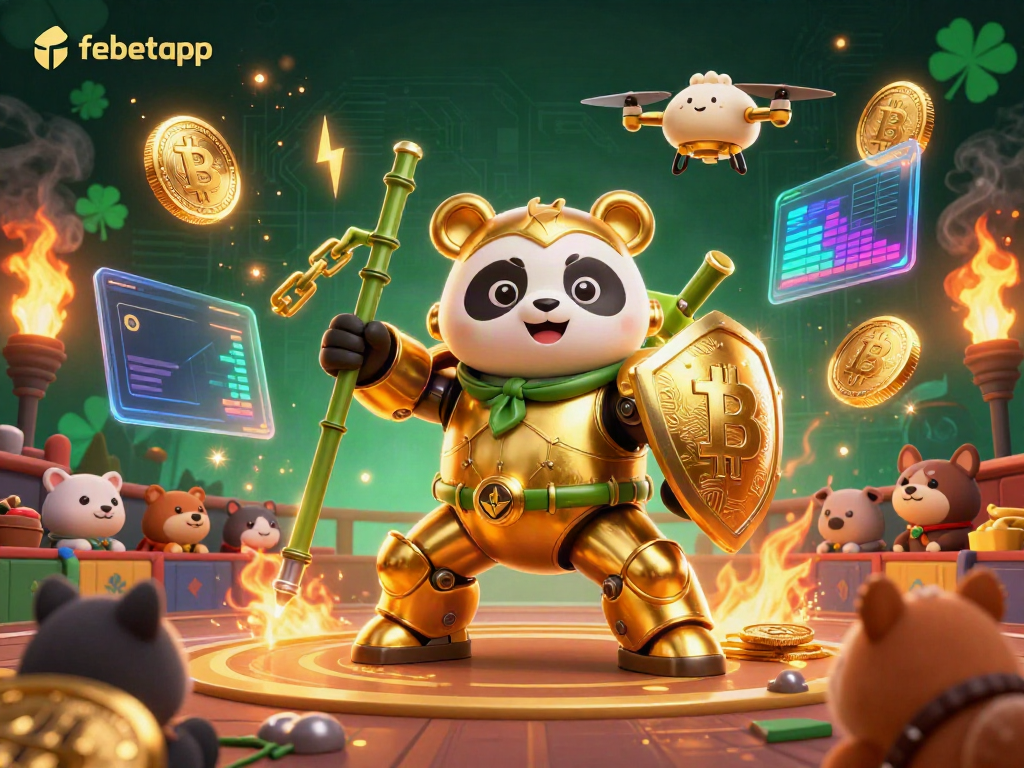 Engage with febetapp as golden panda battles in a dazzling drone-refereed arena filled with vibrant animations.