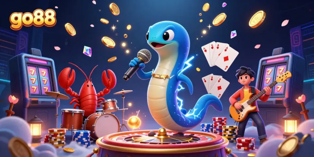 Experience go88 in an underwater casino with vibrant action, glowing coins, and animated characters.