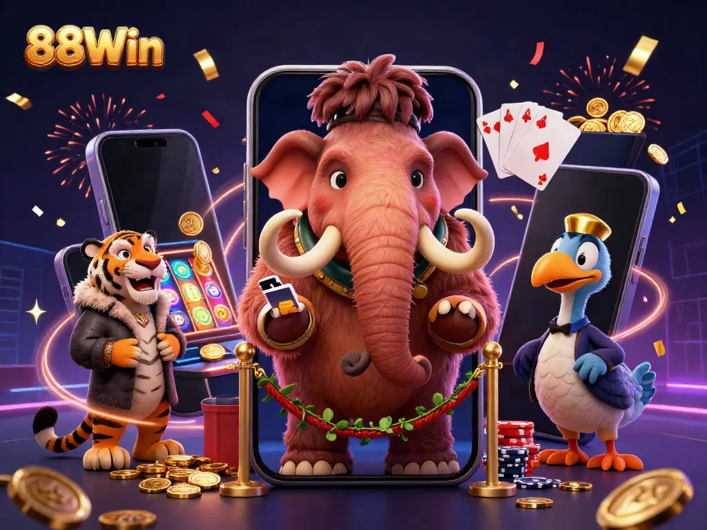 Engage with the thrill of 88Win as the woolly mammoth checks IDs while golden coins and confetti burst around a smartphone with slot games.