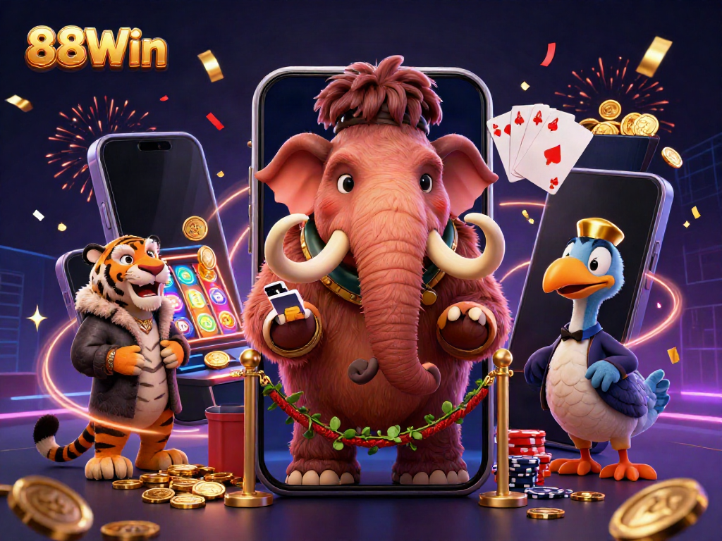 Engage with the thrill of 88Win as the woolly mammoth checks IDs while golden coins and confetti burst around a smartphone with slot games.