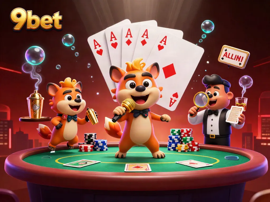 9bet scene with hyenas in a vibrant casino, showcasing comedy and gaming fun