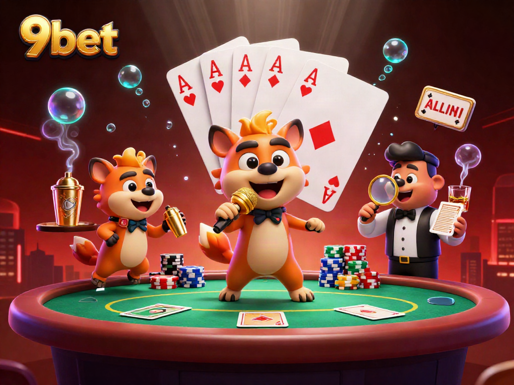 9bet scene with hyenas in a vibrant casino, showcasing comedy and gaming fun