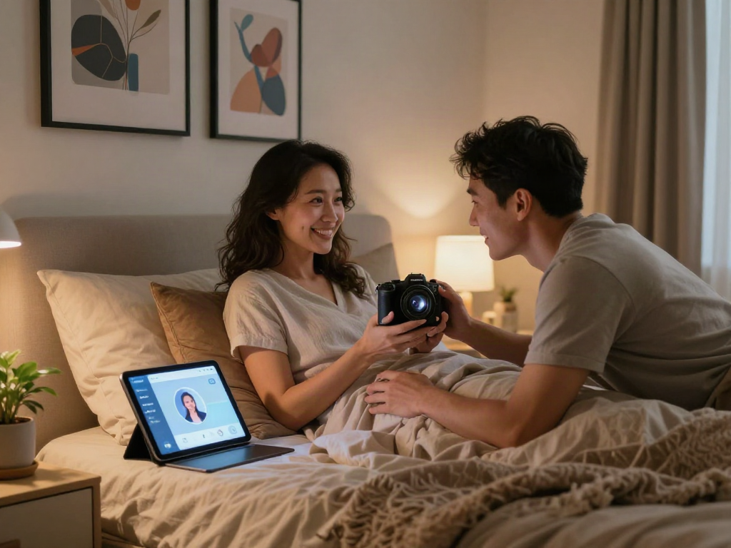 Couple interacting with AI sex technology in a cozy bedroom setting, showcasing modern intimacy.