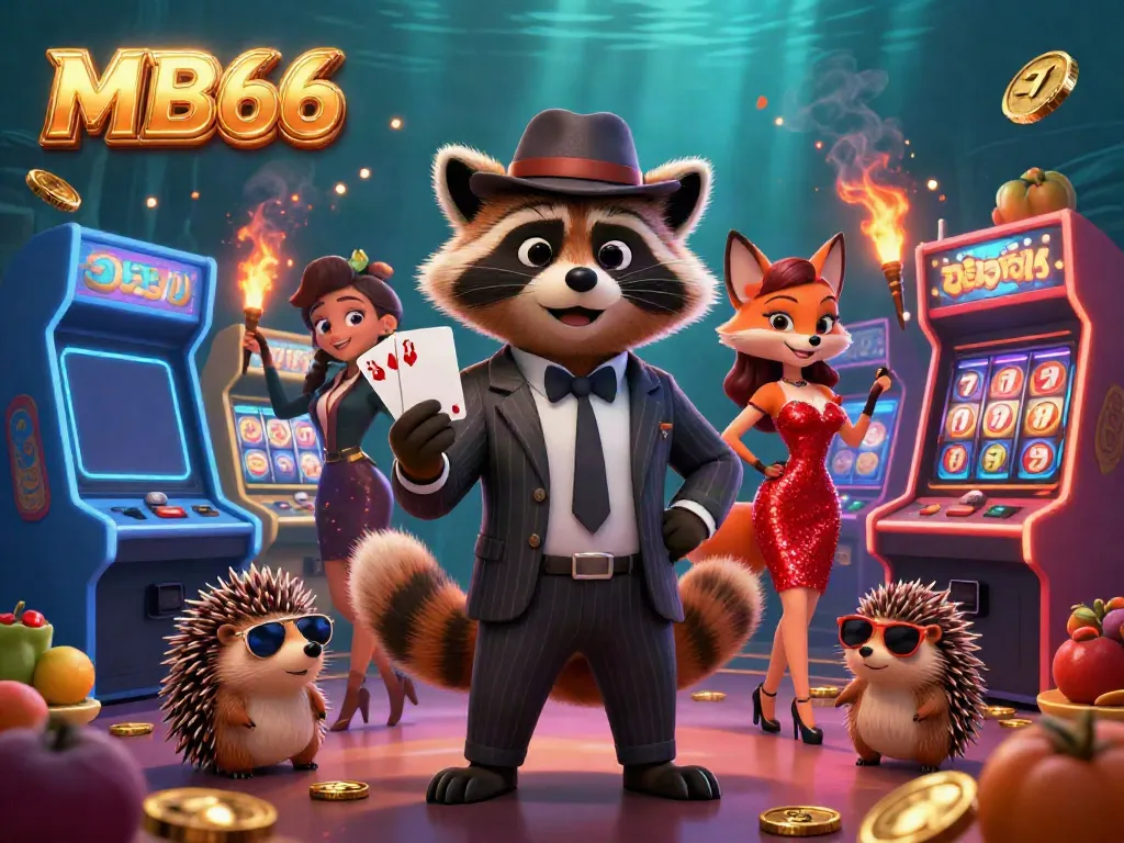 Engaging casino scene with MB66 brand featuring a raccoon with a royal flush, a stylish fox, and a hedgehog, enhanced by slot game elements.