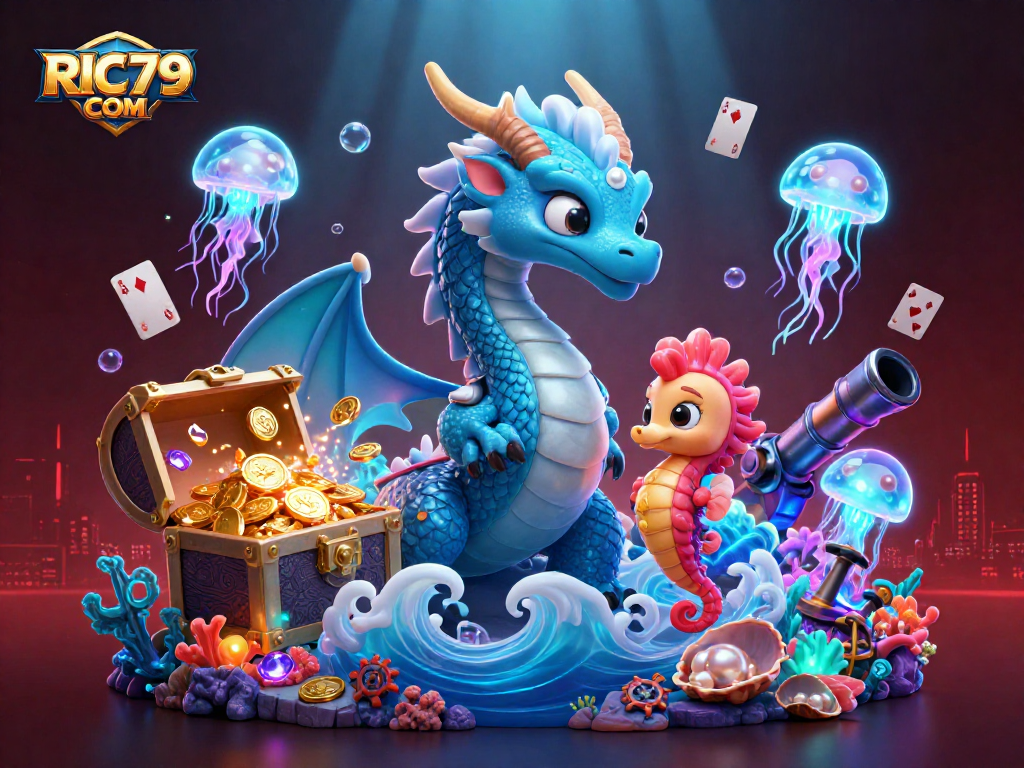 Experience immersive gaming with RIC79 COM's underwater casino scene featuring dragon and knight.
