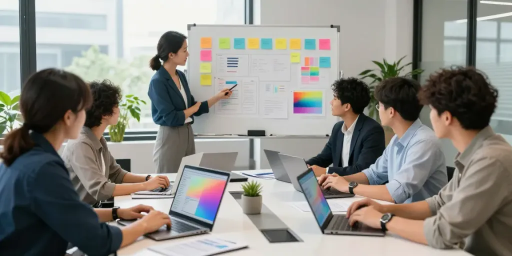 Team collaborating to advertise software to businesses in a modern office.