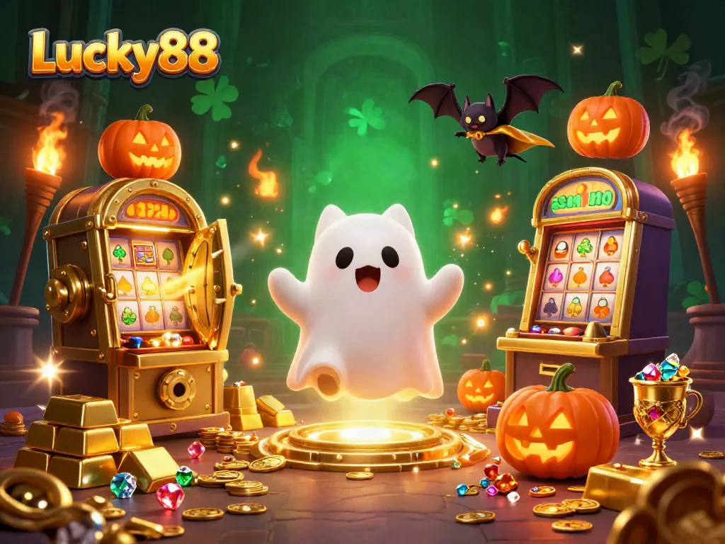 Engage with thrilling gameplay at Lucky88, featuring a ghost cat and treasures in a vibrant casino setting.