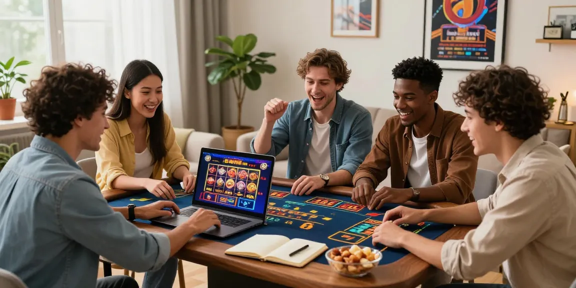 Friends enjoying TK1971 online casino games together in a cozy living room setting.