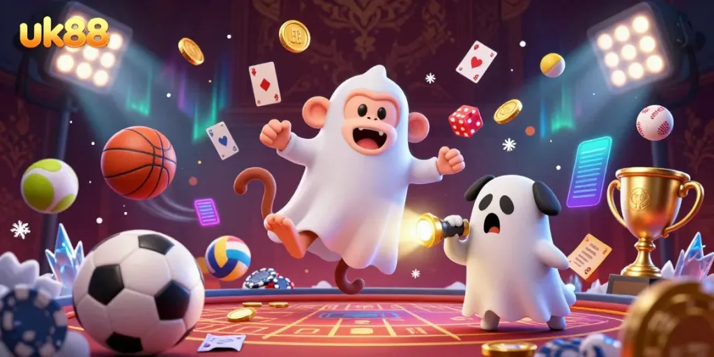 Engage with the uk88 casino experience, showcasing a playful poltergeist monkey juggling gold while a ghost-hunter puppy tracks in excitement.