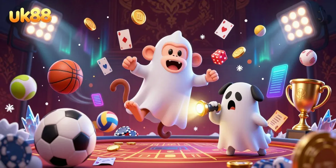 Engage with the uk88 casino experience, showcasing a playful poltergeist monkey juggling gold while a ghost-hunter puppy tracks in excitement.