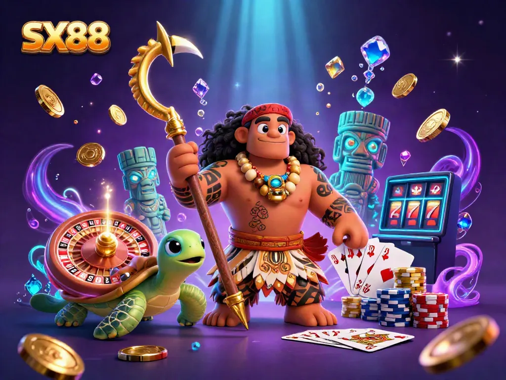 Experience thrilling action with SX88 in this vibrant casino scene showcasing a demigod and treasures.