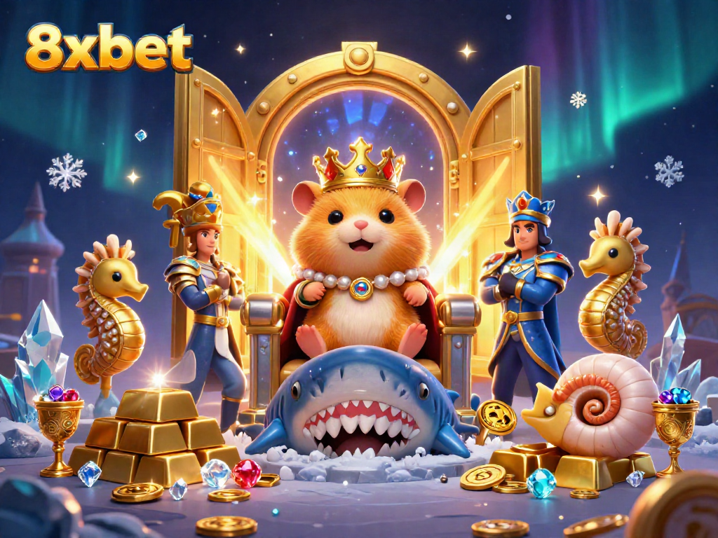 Experience jackpot thrills at 8xbet with vibrant hamster king and treasure-filled scene.