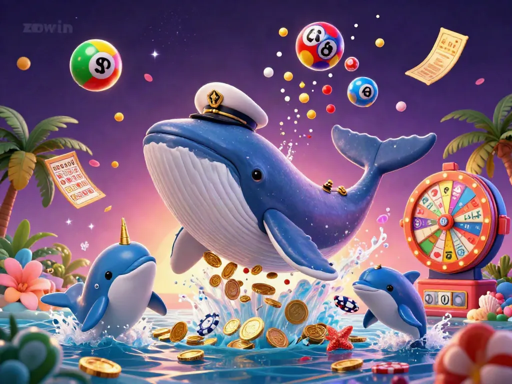 Zowin showcases a whale in casino-themed scene with coins, lottery balls, and playful dolphins.