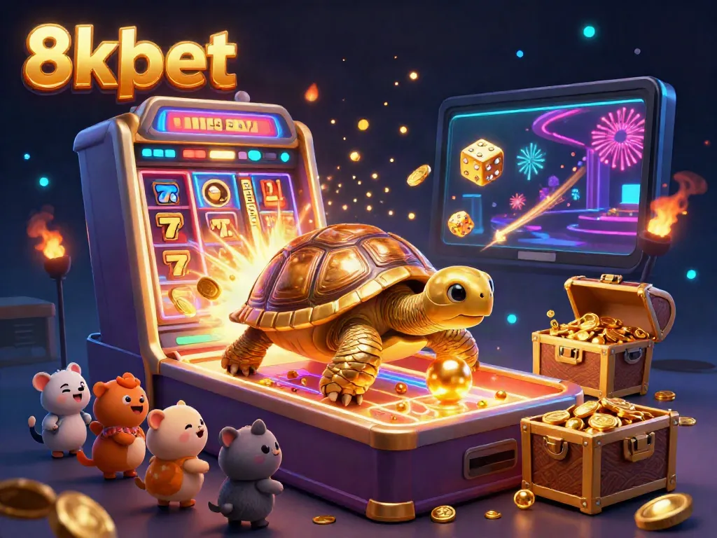 Experience excitement with 8xbet's vibrant casino scene featuring a huge golden tortoise pinball machine and overflowing jackpots.