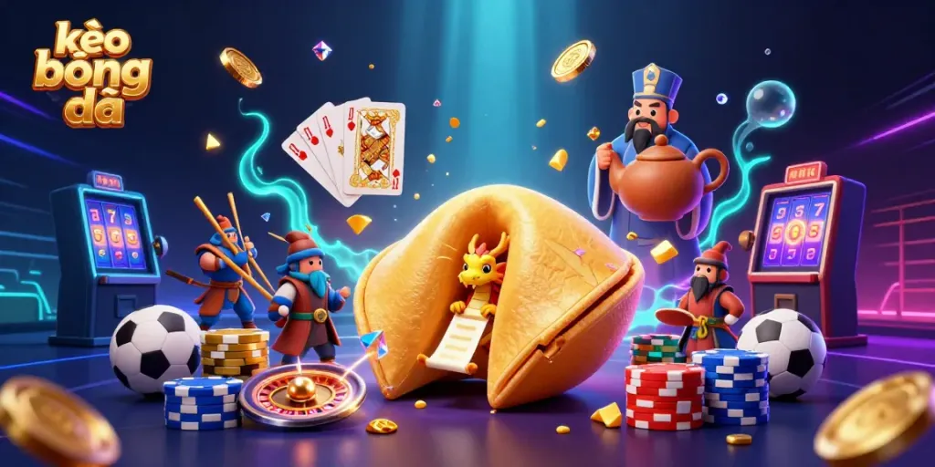Engage in kèo bóng đá with a vibrant 3D illustration showing fortune cookie themes and dynamic betting elements.