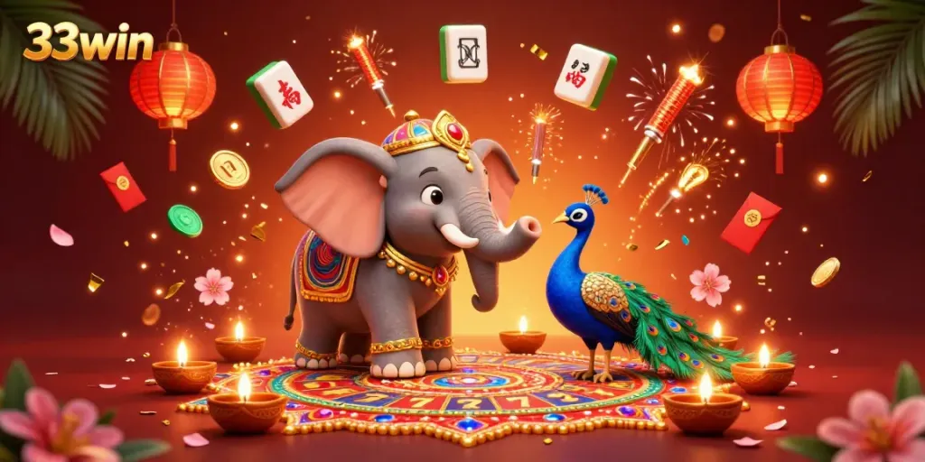 Experience thrilling jackpots with the 33win online casino featuring vibrant 3D slot reels and festive decorations.