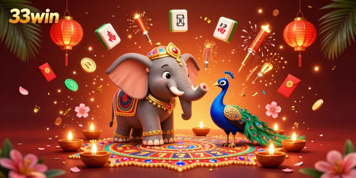Experience thrilling jackpots with the 33win online casino featuring vibrant 3D slot reels and festive decorations.