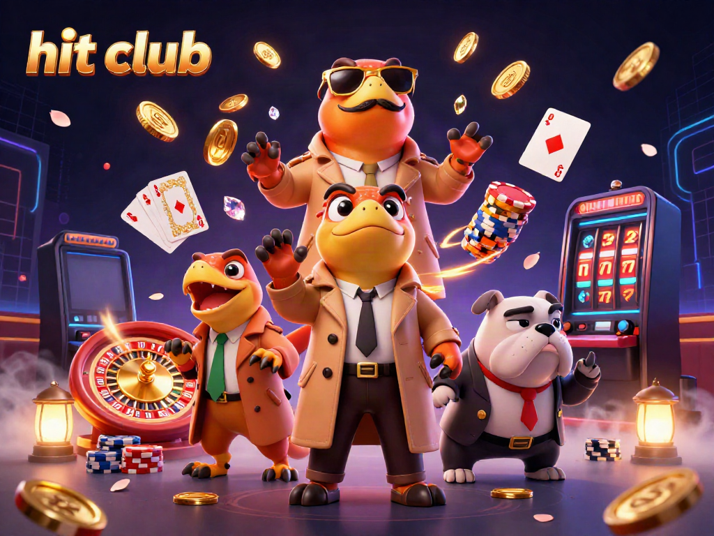 Experience the excitement of hit club with raptors performing a heist in a casino, surrounded by coins and cards.