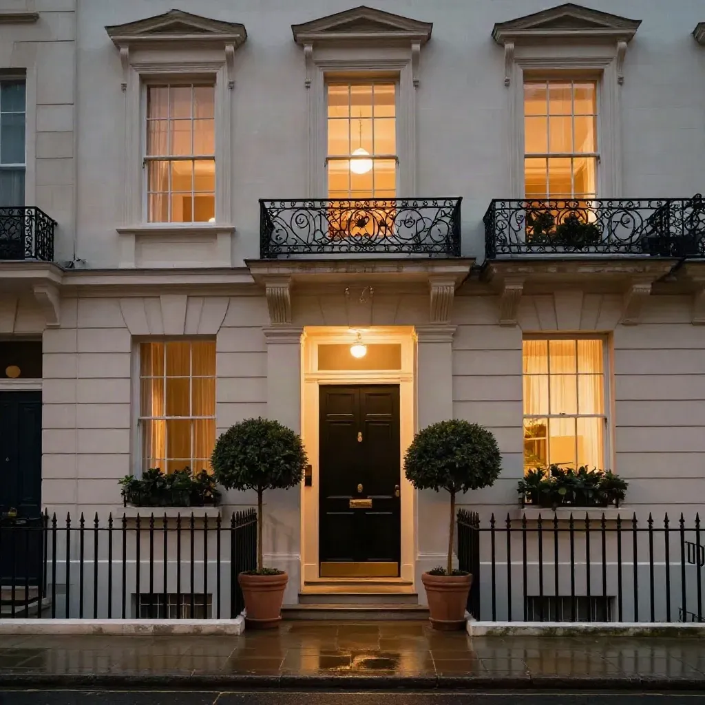 Belgravia townhouse façade at dusk with lit windows, topiary, and a stone threshold.