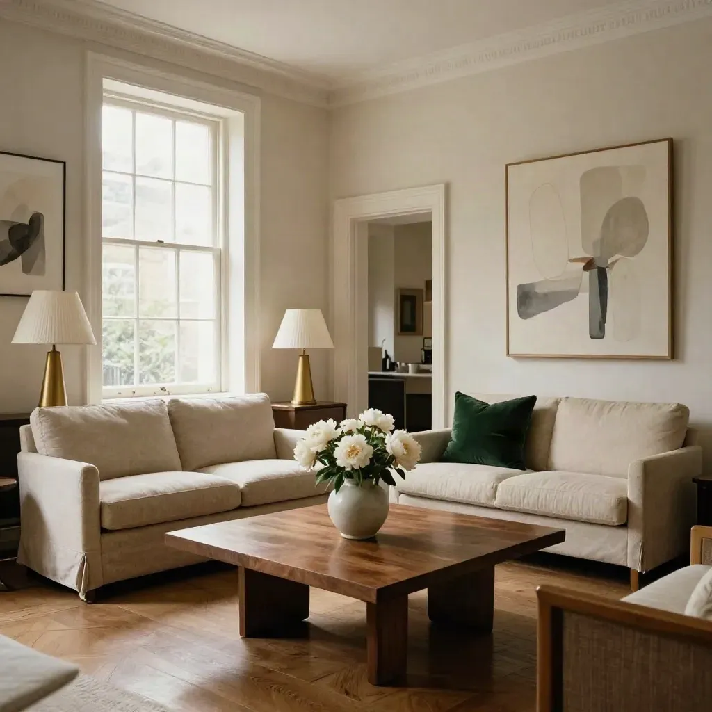 Staged luxury drawing room with lamps, flowers, and deep green accent cushion