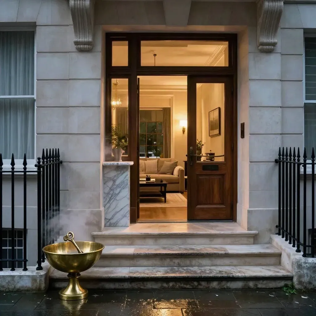 Rainy Chelsea townhouse entrance glowing into a double-height drawing room at blue hour.